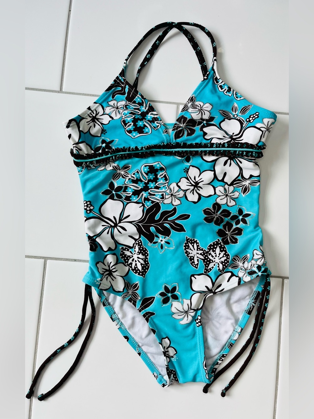 Gossip Girl Turquoise Black and White Floral One-Piece Swimsuit